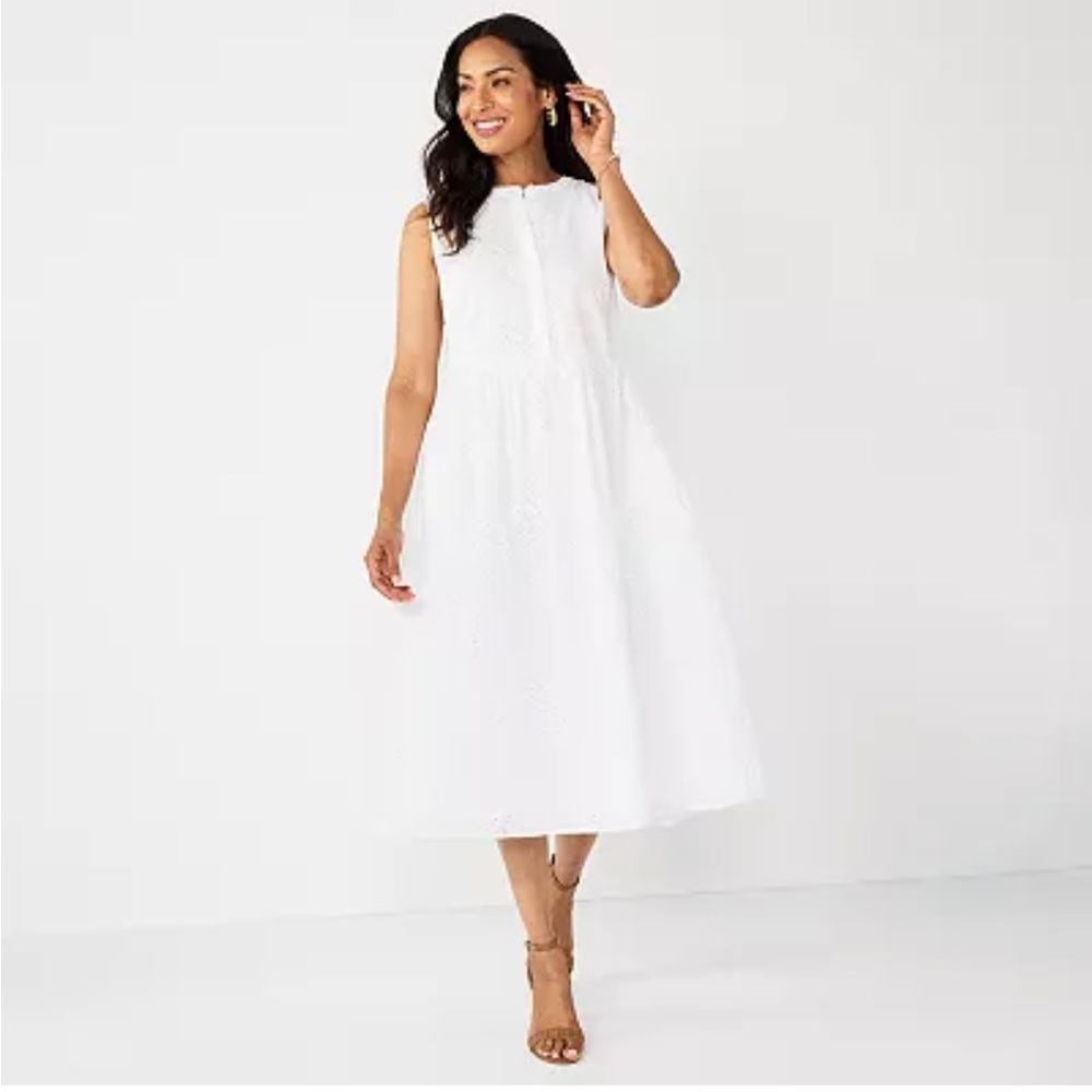 Croft & Barrow white midi dress with buttons down the front.